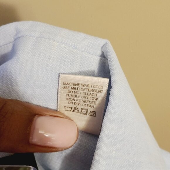 MINE | Men's Blue Multicolored Placket 100% Linen Button-Down Shirt (Size Large) - Picture 6 of 12